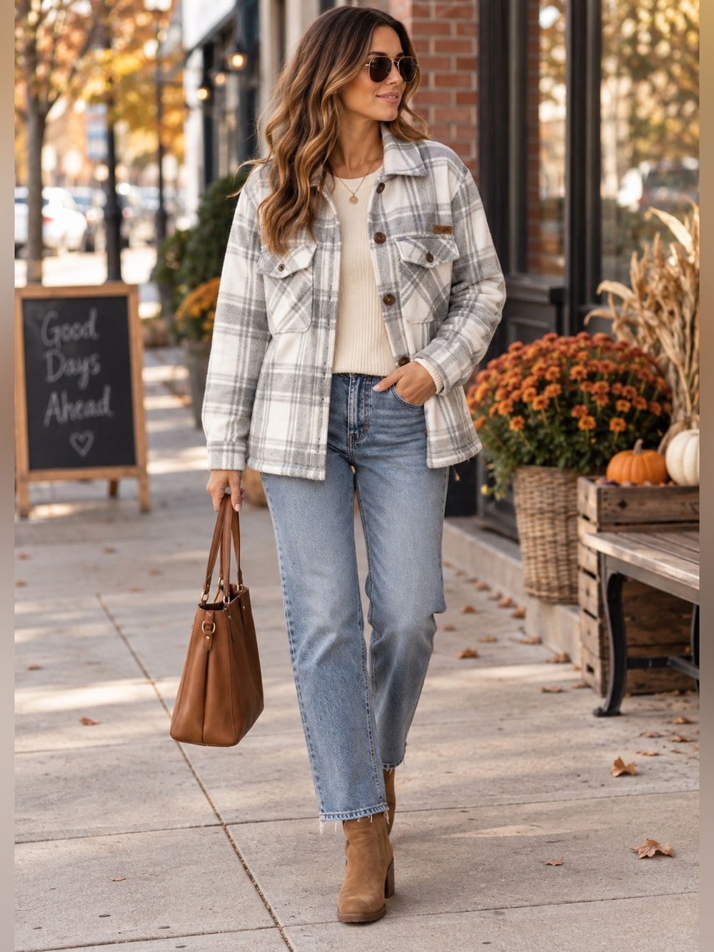 Simply Southern Gray White Plaid Shacket Button Front Jacket Small